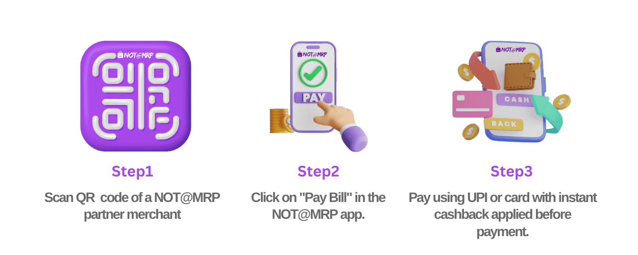 1. Scan the QR code of a NOT@MRP partner merchant. 2. Click on Pay Bill in the NOT@MRP app. 3. Pay using UPI or card with instant cashback applied before payment.